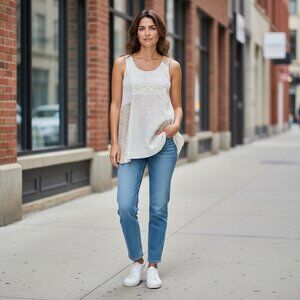 STYLE & CO Cotton Lace Patchwork Boho Sleeveless Cream Tunic Tank Top Sz 4 #170D